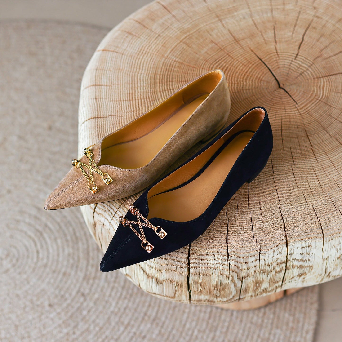 Nine Seven Women's Pointed Toe Suede Leather Handmade Metal Ornament Casual Flat Shoes