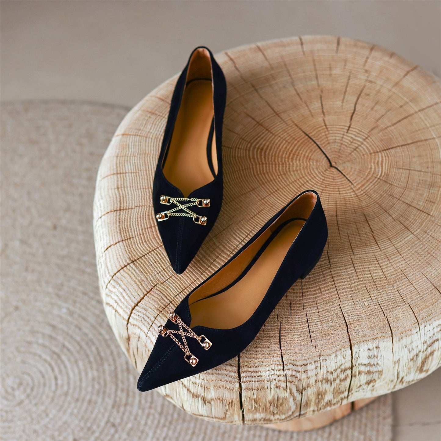 Nine Seven Women's Pointed Toe Suede Leather Handmade Metal Ornament Casual Flat Shoes