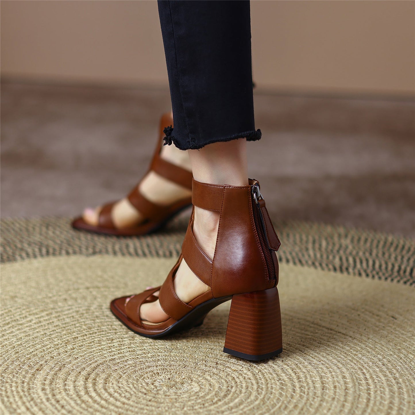 Nine Seven Women's Open Toe Handmade Genuine Leather Mid Chunky Heels Back Zip Vintage Sandals Summer Ankle Boots