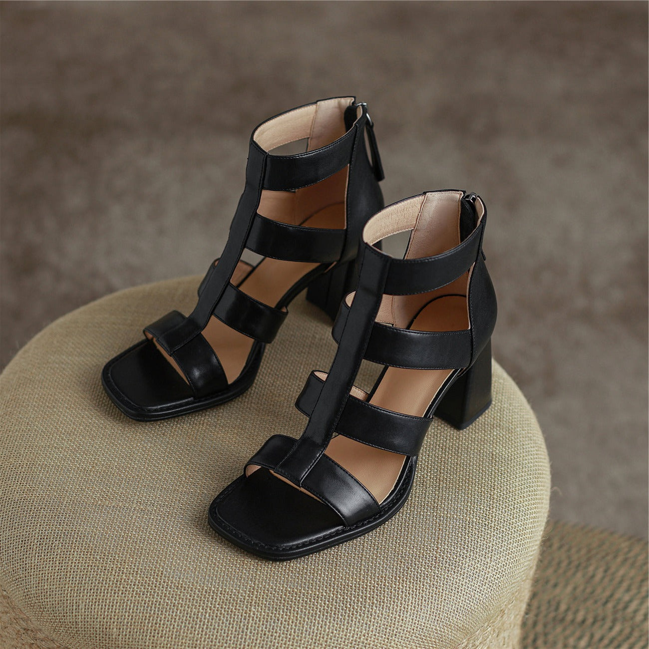 Nine Seven Women's Open Toe Handmade Genuine Leather Mid Chunky Heels Back Zip Vintage Sandals Summer Ankle Boots