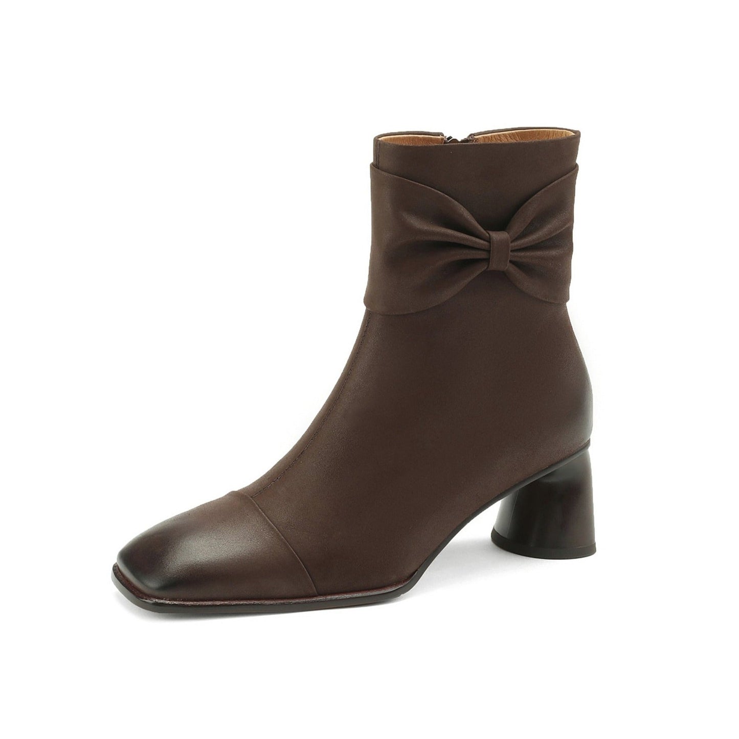 Nine Seven Handmade Women's Genuine Leather Bowknot Décor Side Zipper Square Toe Mid Chunky Heel Ankle Boots Shoes