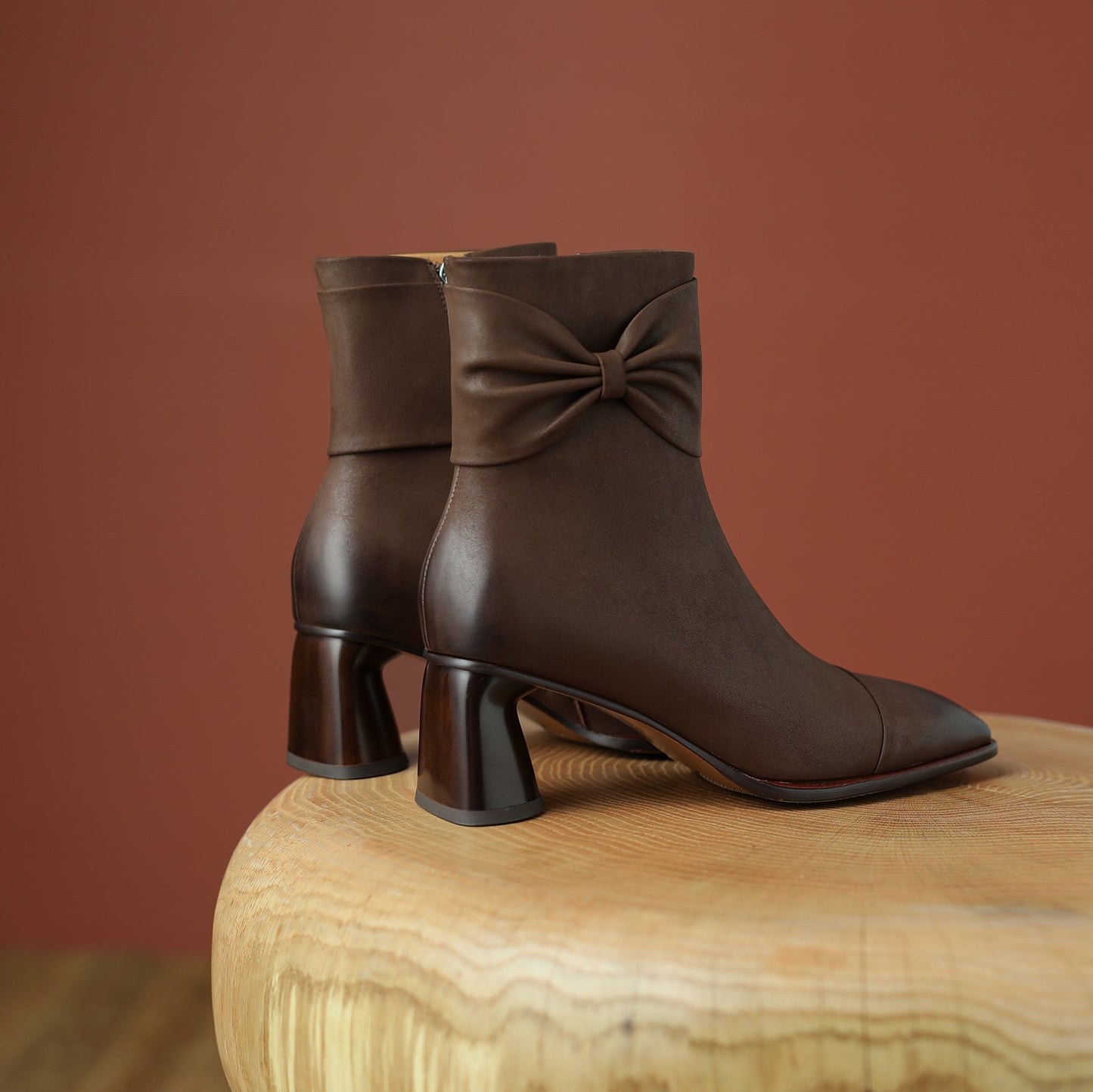 Nine Seven Handmade Women's Genuine Leather Bowknot Décor Side Zipper Square Toe Mid Chunky Heel Ankle Boots Shoes