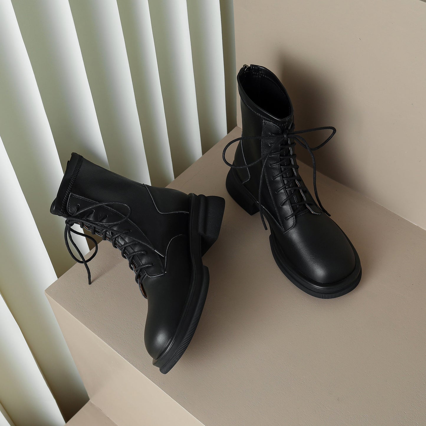 Nine Seven Women's Genuine Leather Round Toe Handmade Selftie Back Zip Up Chic Mid Calf Boots with Platform