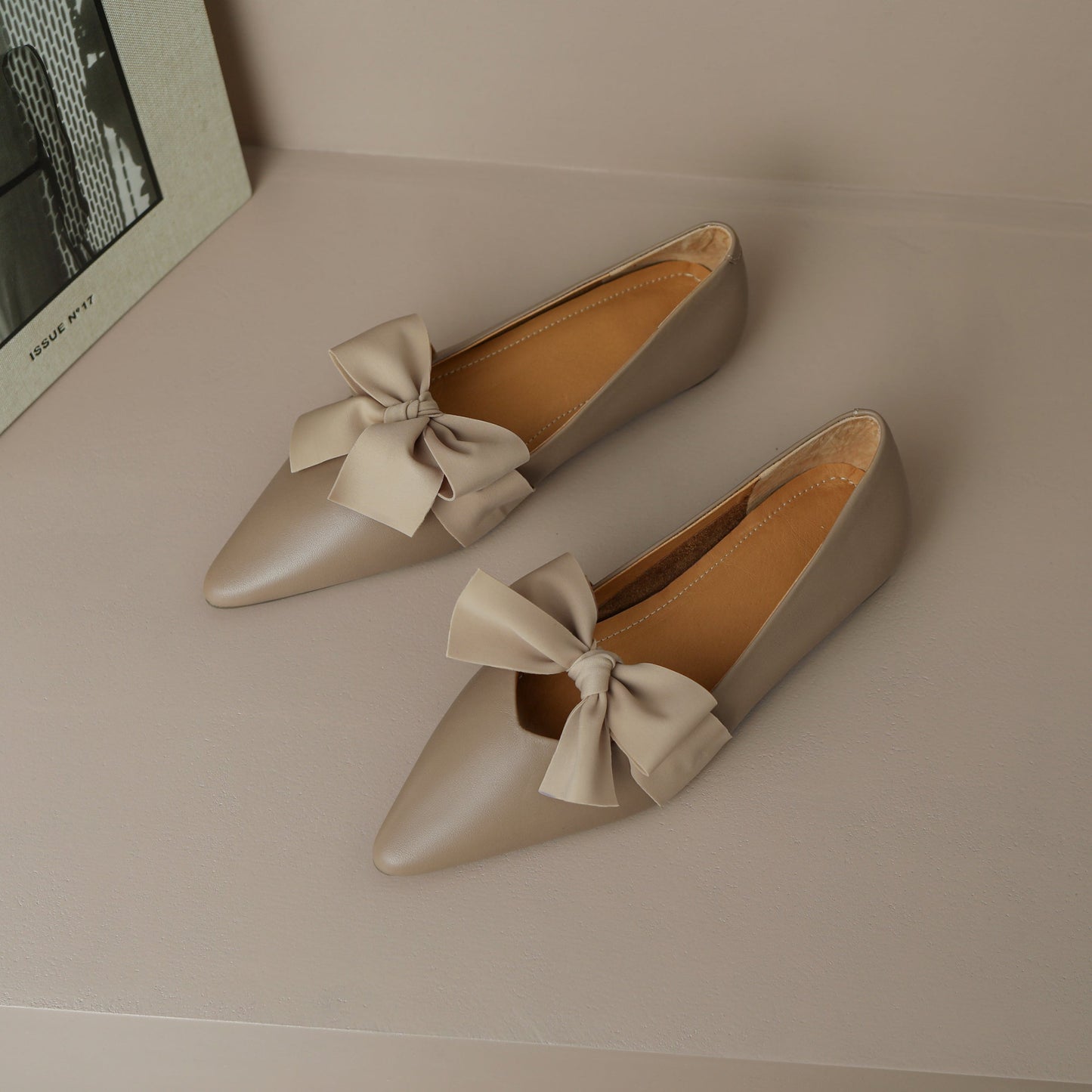 Nine Seven Women's Pointed Toe Genuine Leather Handmade Bowknot Cute Flat Shoes