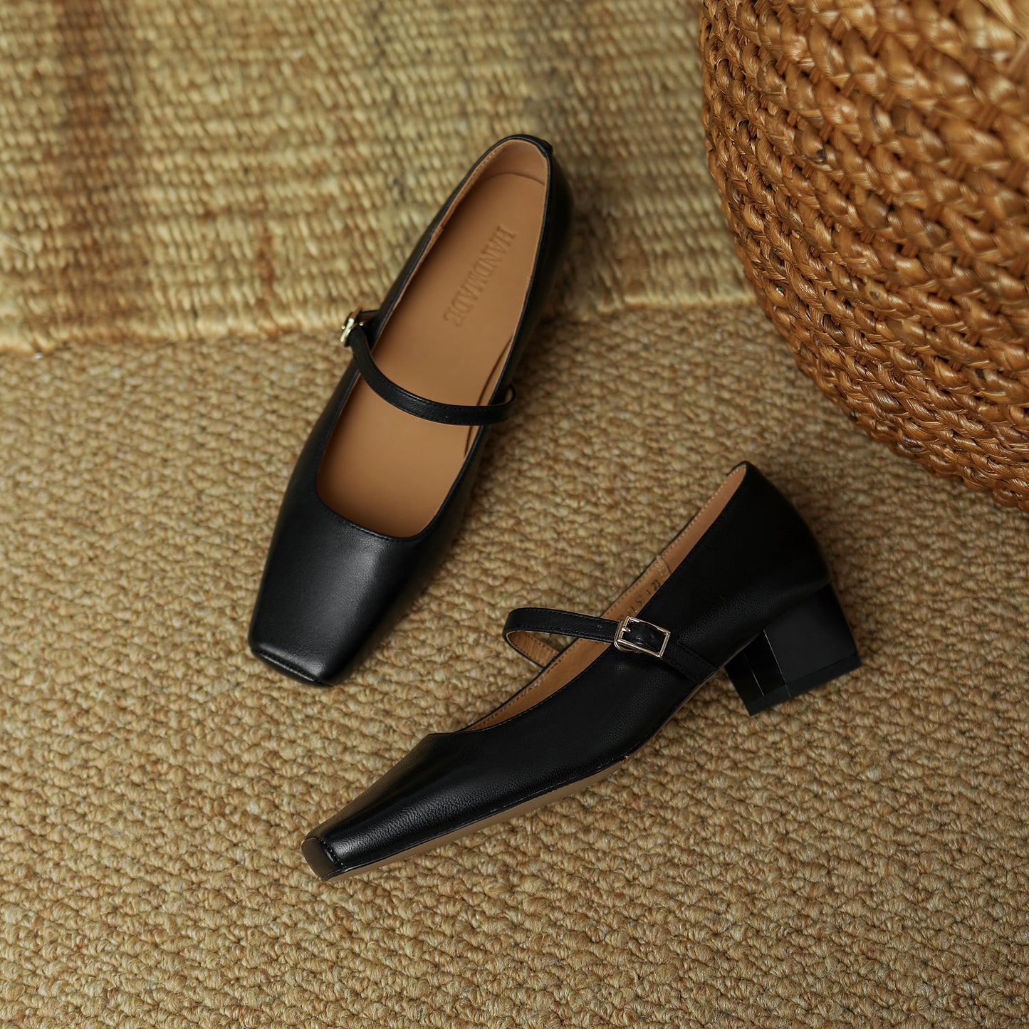 Nine Seven Women's Genuine Leather Handmade Square Toe Mid Heel Buckle Mary Jane Dress Pumps