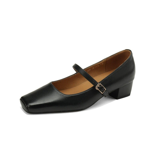 Nine Seven Women's Genuine Leather Handmade Square Toe Mid Heel Buckle Mary Jane Dress Pumps
