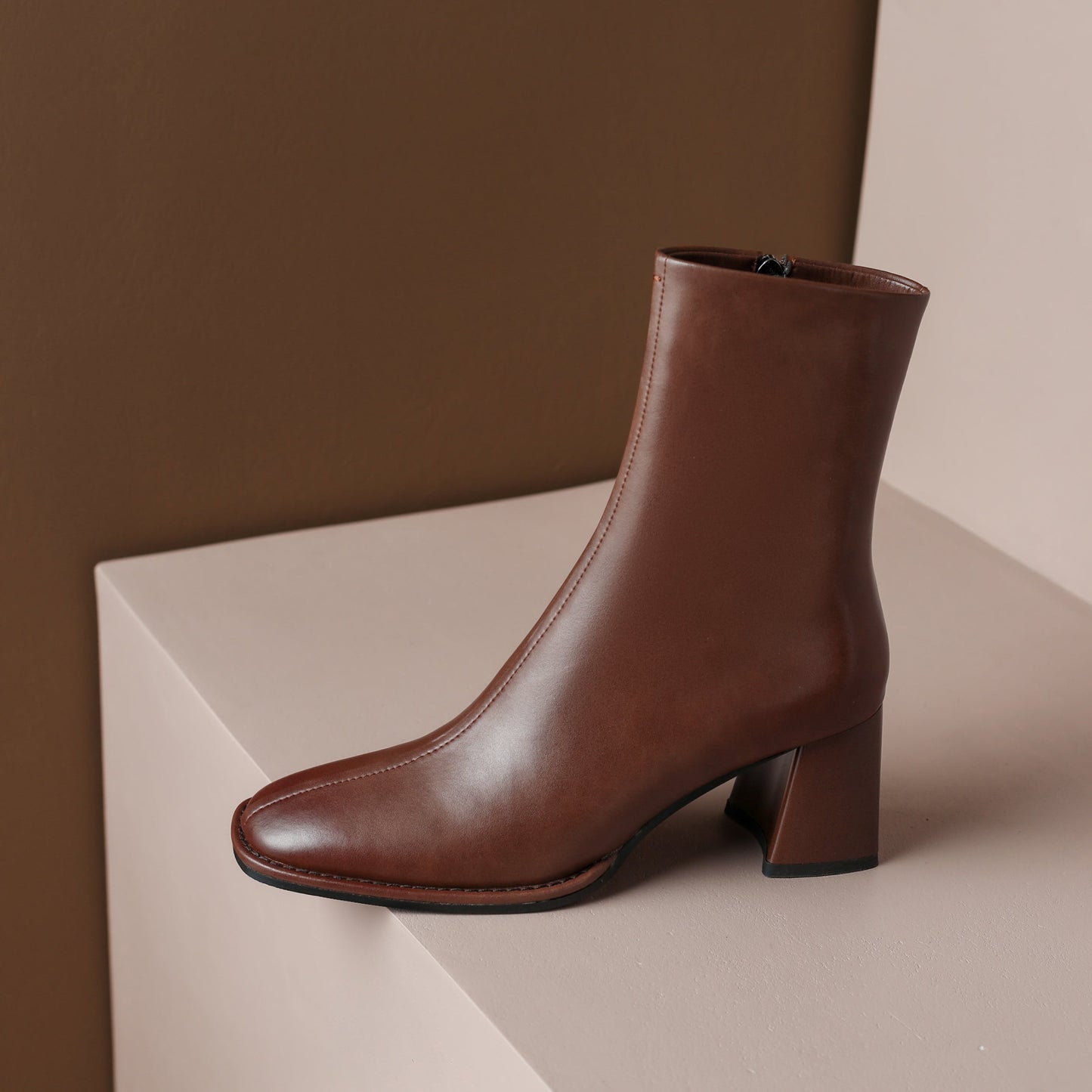 Nine Seven Handmade Women's Genuine Leather Sexy Square Toe Mid Block Heel Side Zipper Casual