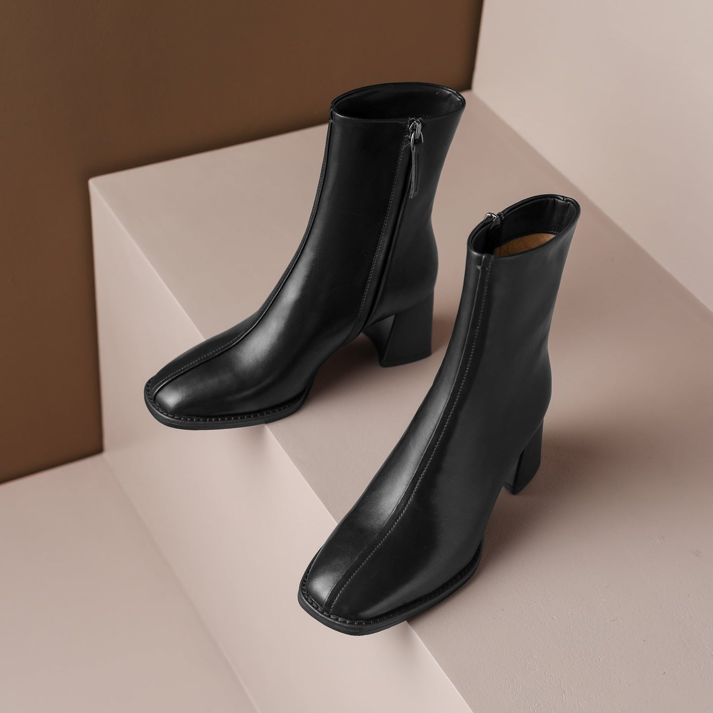 Nine Seven Handmade Women's Genuine Leather Sexy Square Toe Mid Block Heel Side Zipper Casual