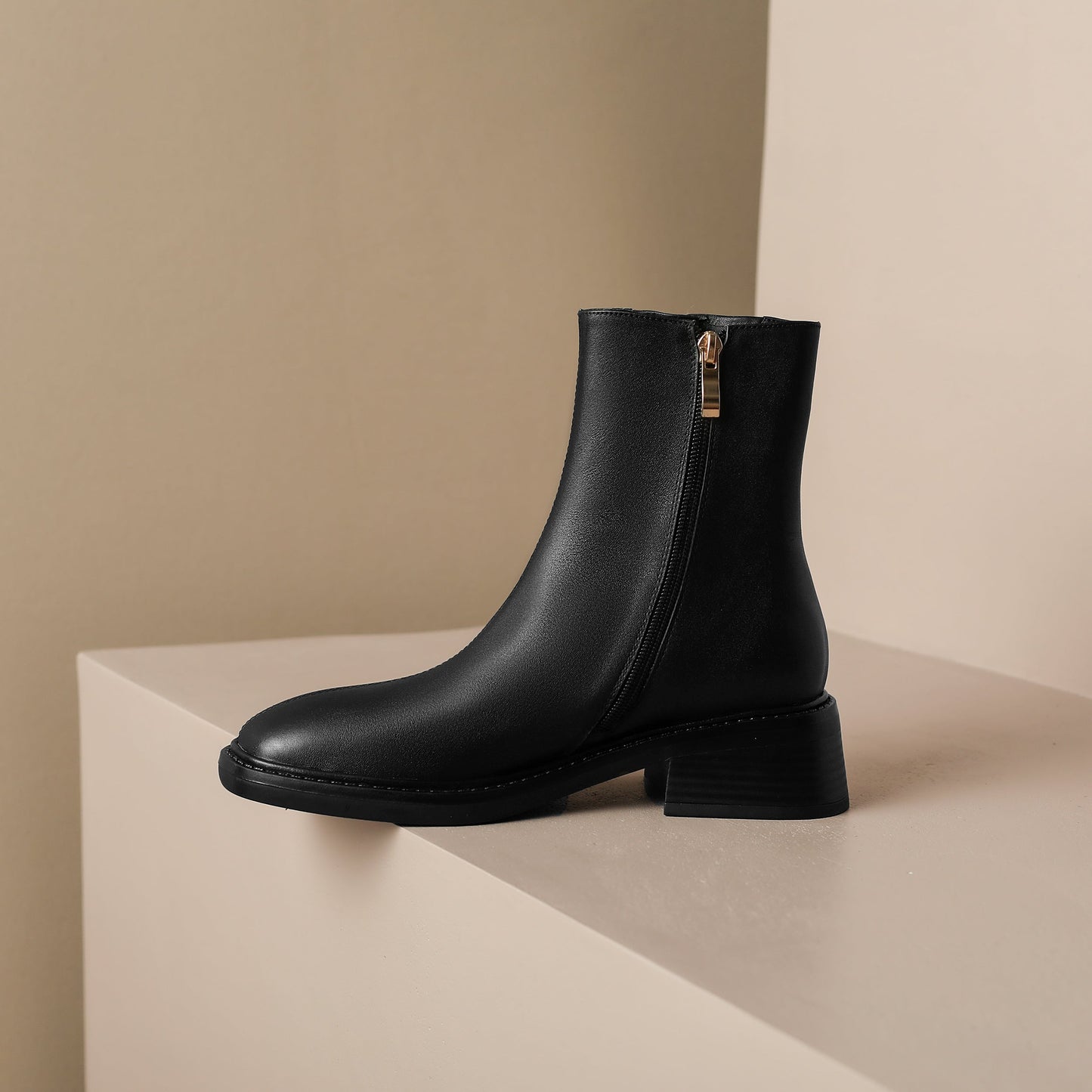 Nine Seven Handmade Women's Genuine Leather Ankle Buckle Design Square Toe Low Block Heel Side Zipper Ankle Boots Shoes