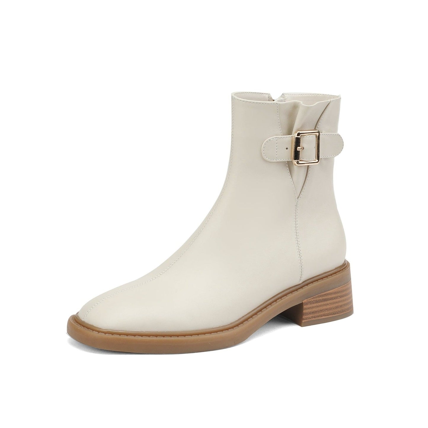 Nine Seven Handmade Women's Genuine Leather Ankle Buckle Design Square Toe Low Block Heel Side Zipper Ankle Boots Shoes