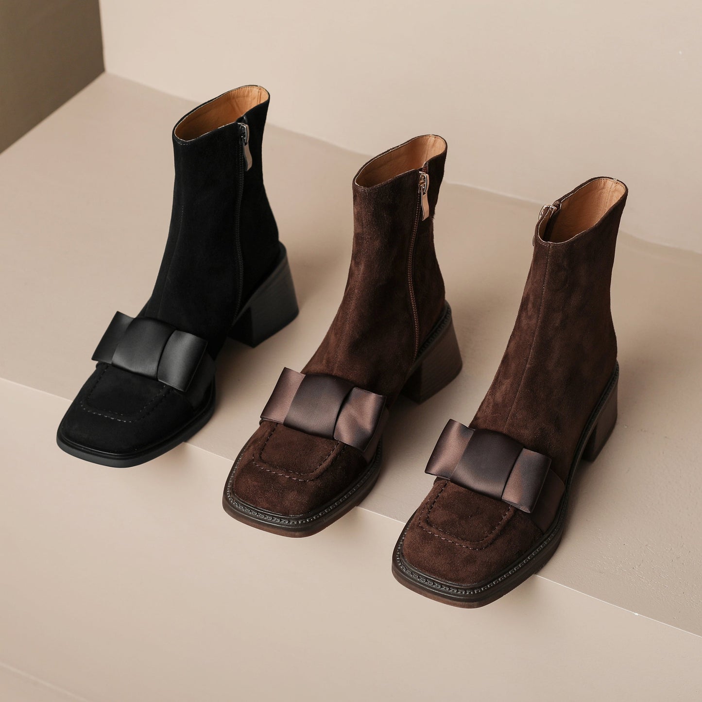 Nine Seven Handmade Women's Suede Leather Bow Décor Comfort Square Toe Side Zipper Mid Block Heel Ankle Boots Shoes