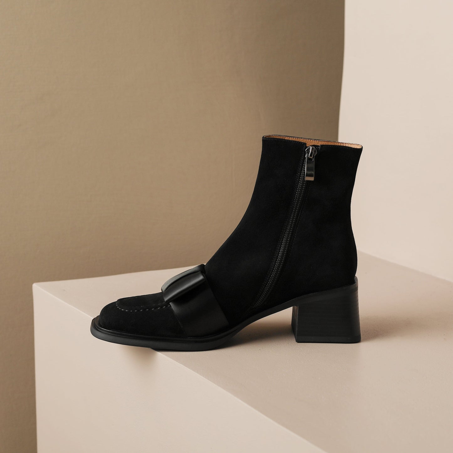 Nine Seven Handmade Women's Suede Leather Bow Décor Comfort Square Toe Side Zipper Mid Block Heel Ankle Boots Shoes