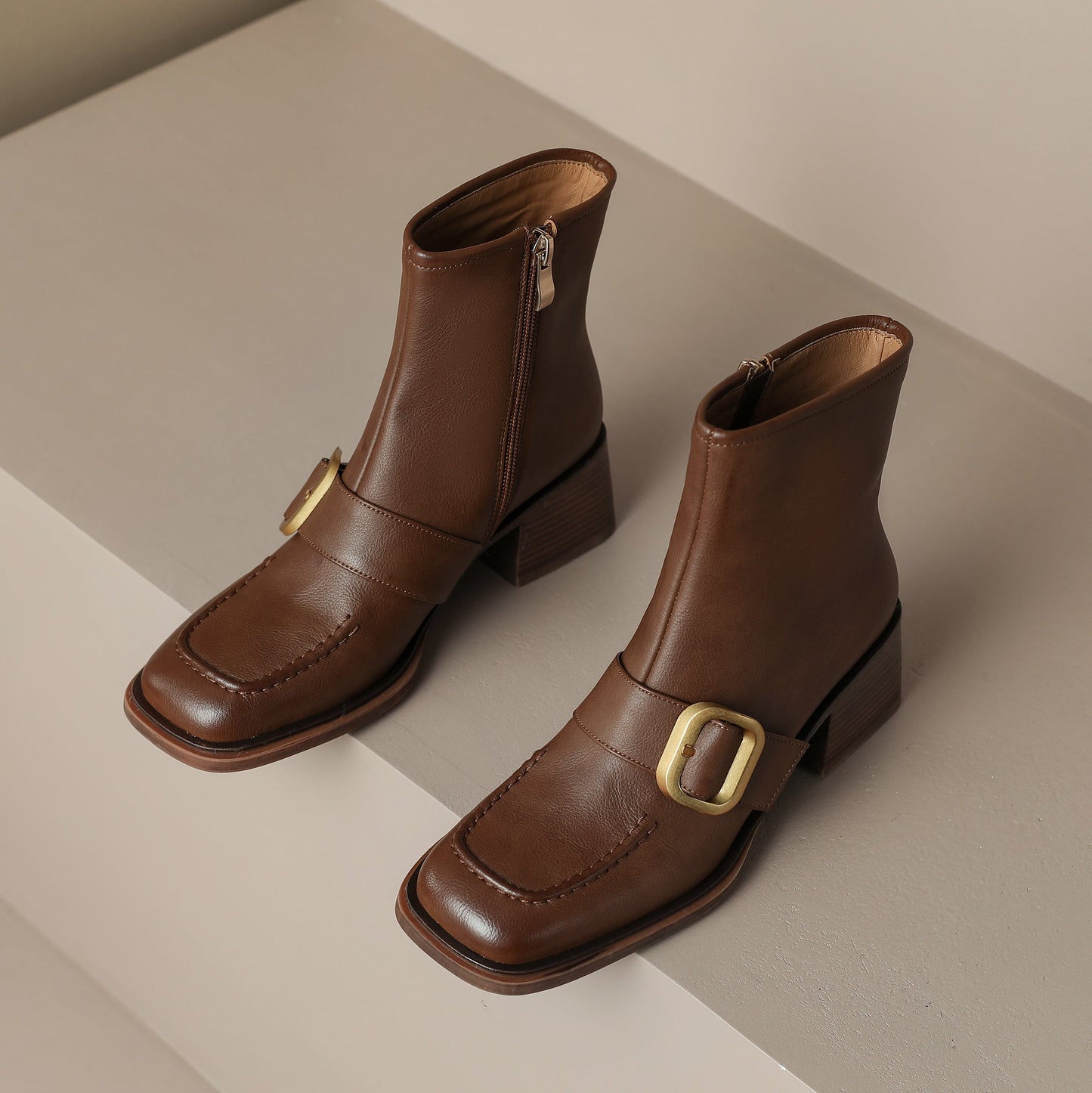 Nine Seven Handmade Women's Genuine Leather Décor Buckle Side Zipper Square Toe Mid Chunky Heel Ankle Boots