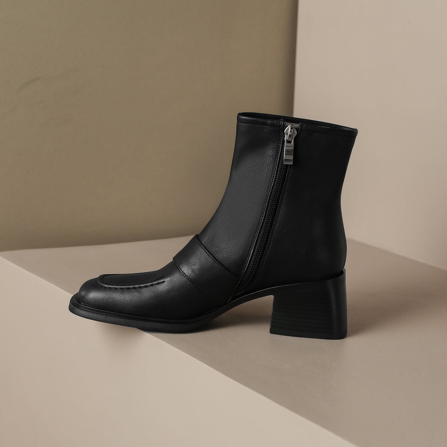 Nine Seven Handmade Women's Genuine Leather Décor Buckle Side Zipper Square Toe Mid Chunky Heel Ankle Boots