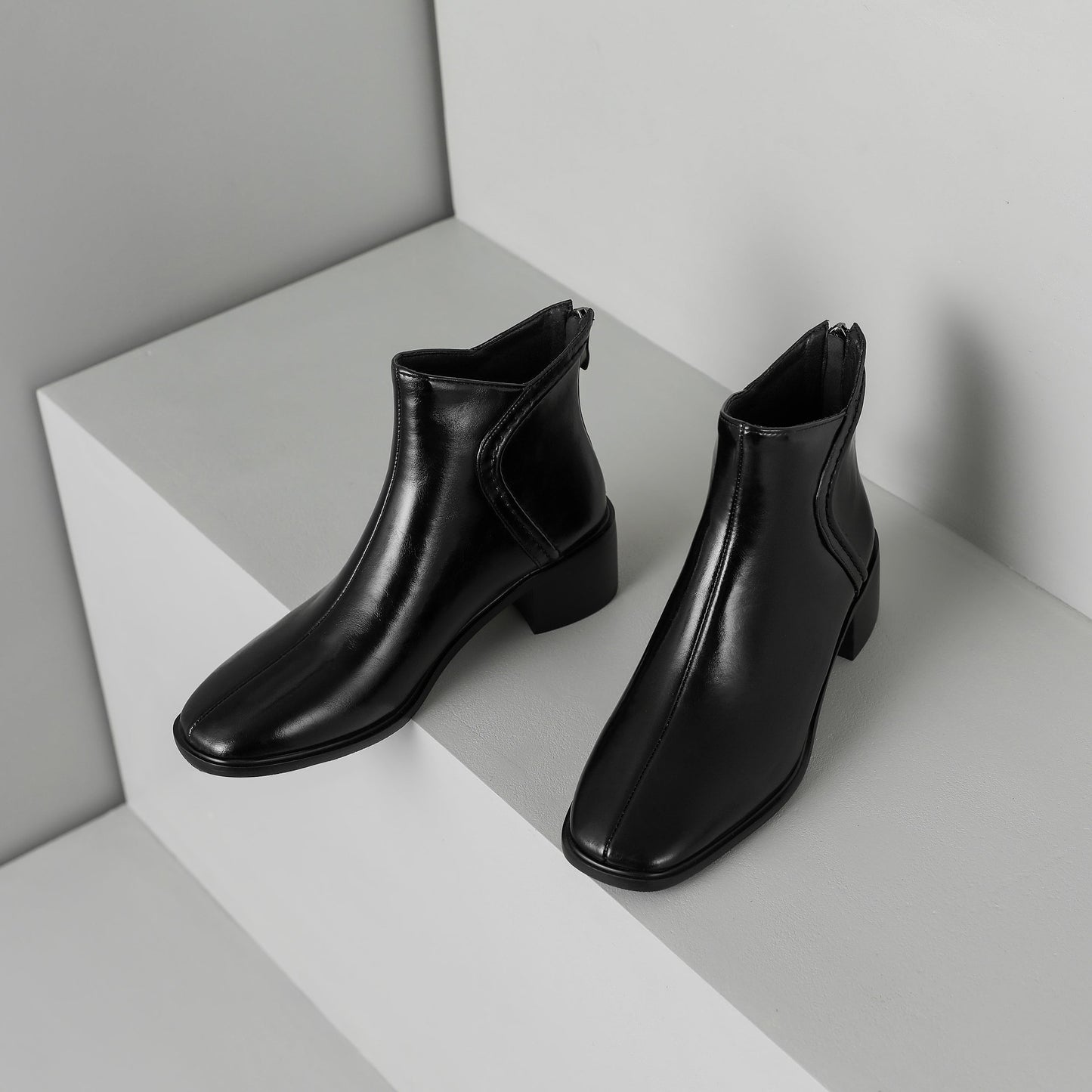 Nine Seven Women's Square Toe Genuine Leather Handmade Back Zipper Low Chunky Heels Vintage Ankle Boots