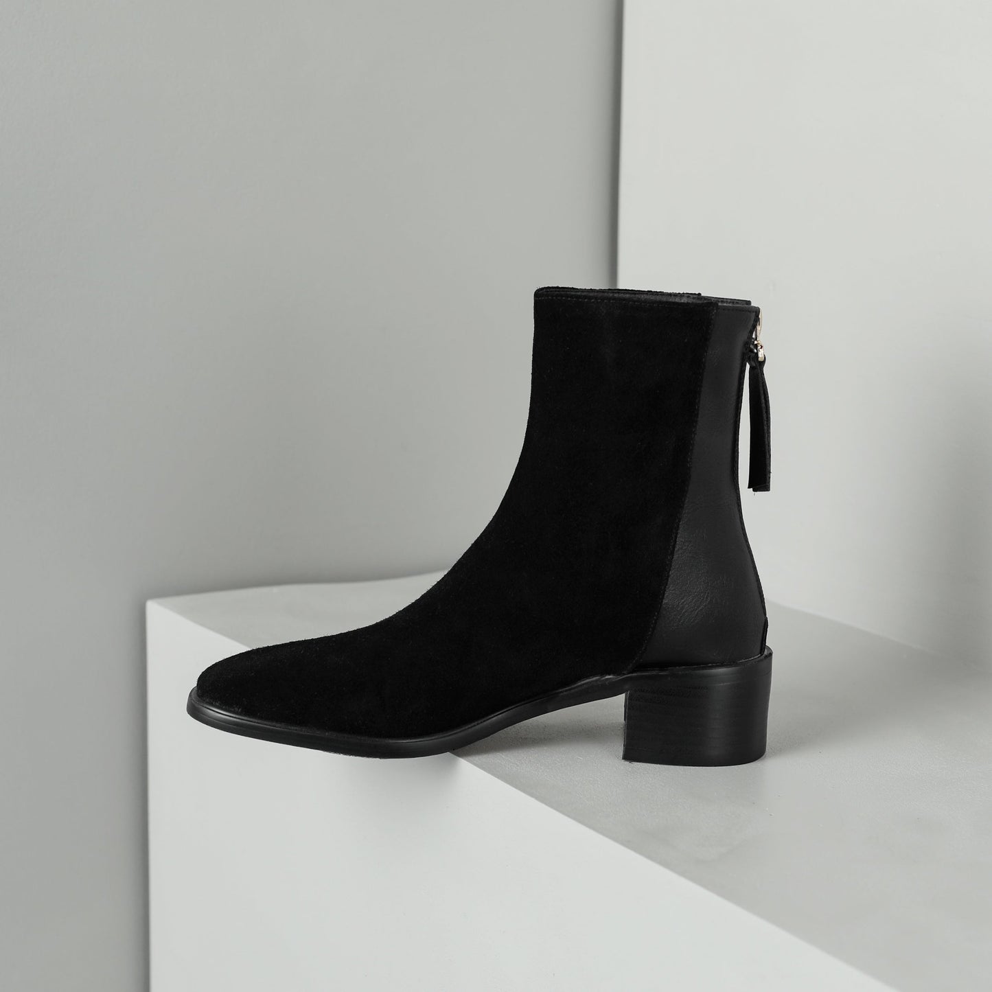 Nine Seven Women's Square Toe Suede&Genuine Leather Hnadmade Back Zipper Low Chunky Heels Casual Mid Calf Boots