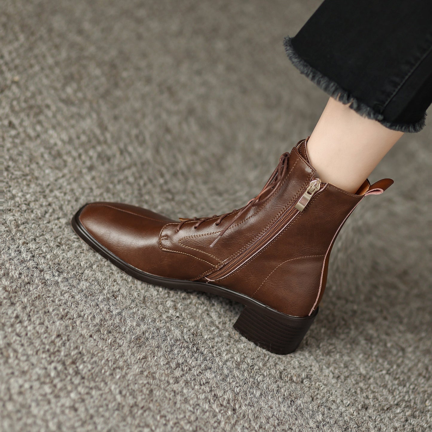 Nine Seven Women's Genuine Leather Square Toe Handmade Lace Up with Zipper Low Chunky Heels Cool Ankle Boots