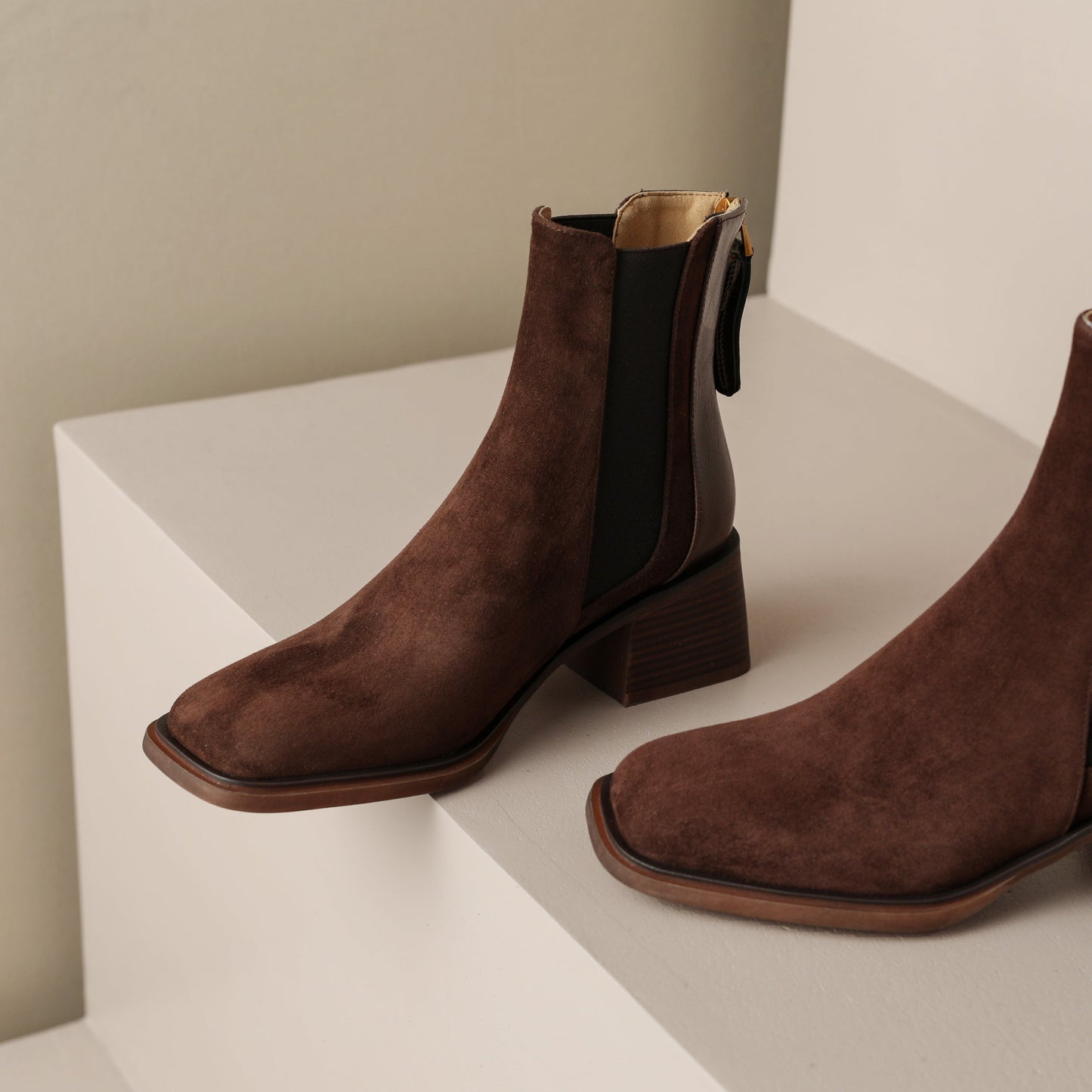 Nine Seven Handmade Women's Suede Leather Patchwork Stretch Back Zipper Square Toe Mid Chunky Heel Ankle Boots