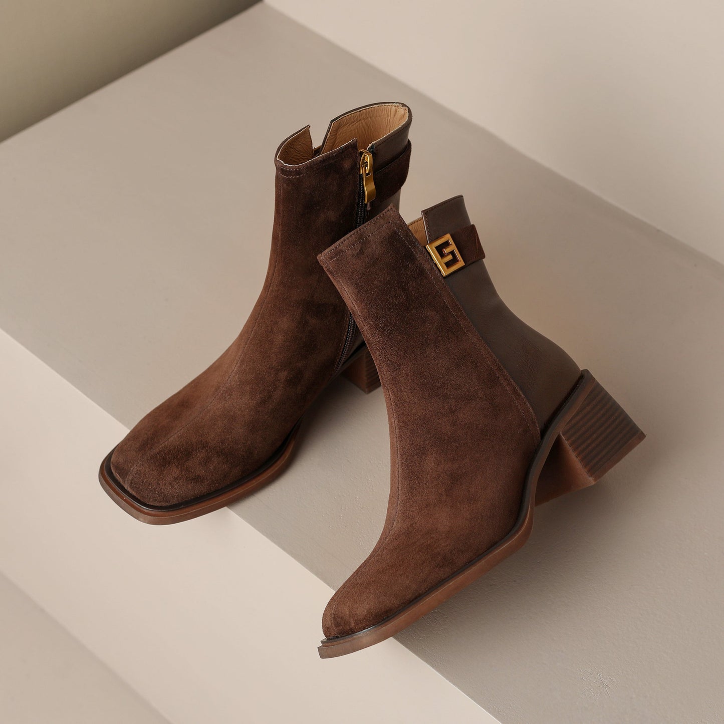 Nine Seven Women's Genuine Leather Round Toe Handmade Buckle Chunky Heels Side Zip Up Chic Ankle Boots