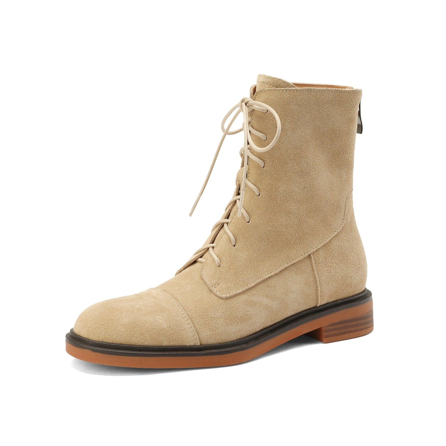 Nine Seven Handmade Women's Genuine Leather Back Zip Front Lace Up Round Toe Low Block Heel Boots