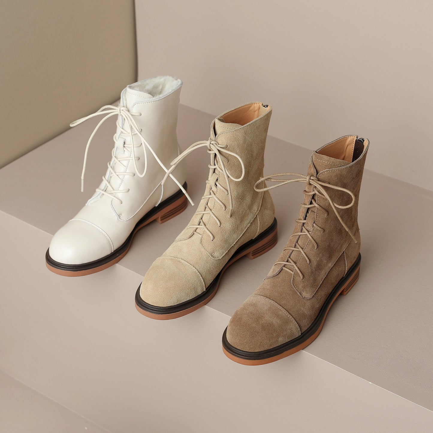 Nine Seven Handmade Women's Genuine Leather Back Zip Front Lace Up Round Toe Low Block Heel Boots