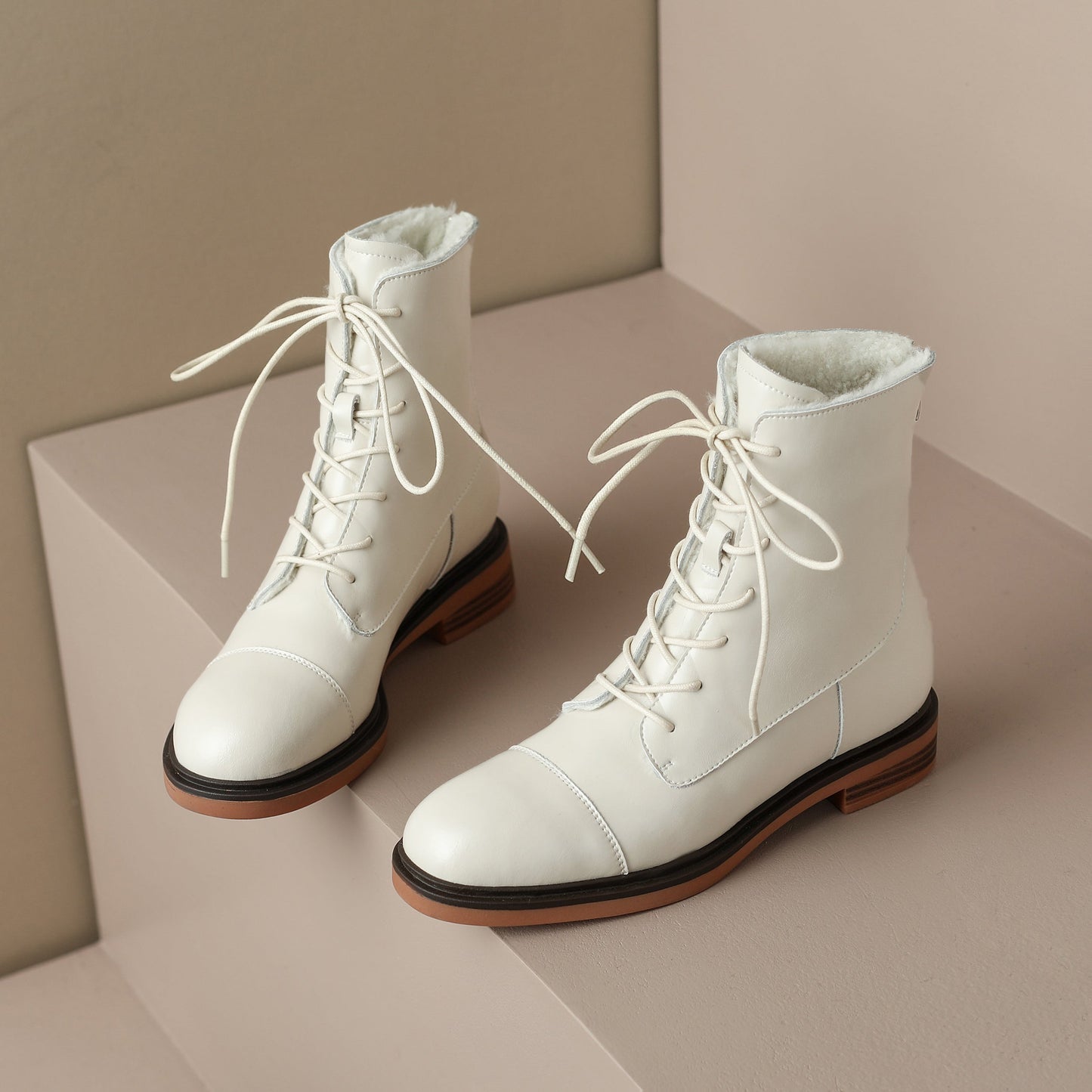 Nine Seven Handmade Women's Genuine Leather Back Zip Front Lace Up Round Toe Low Block Heel Boots