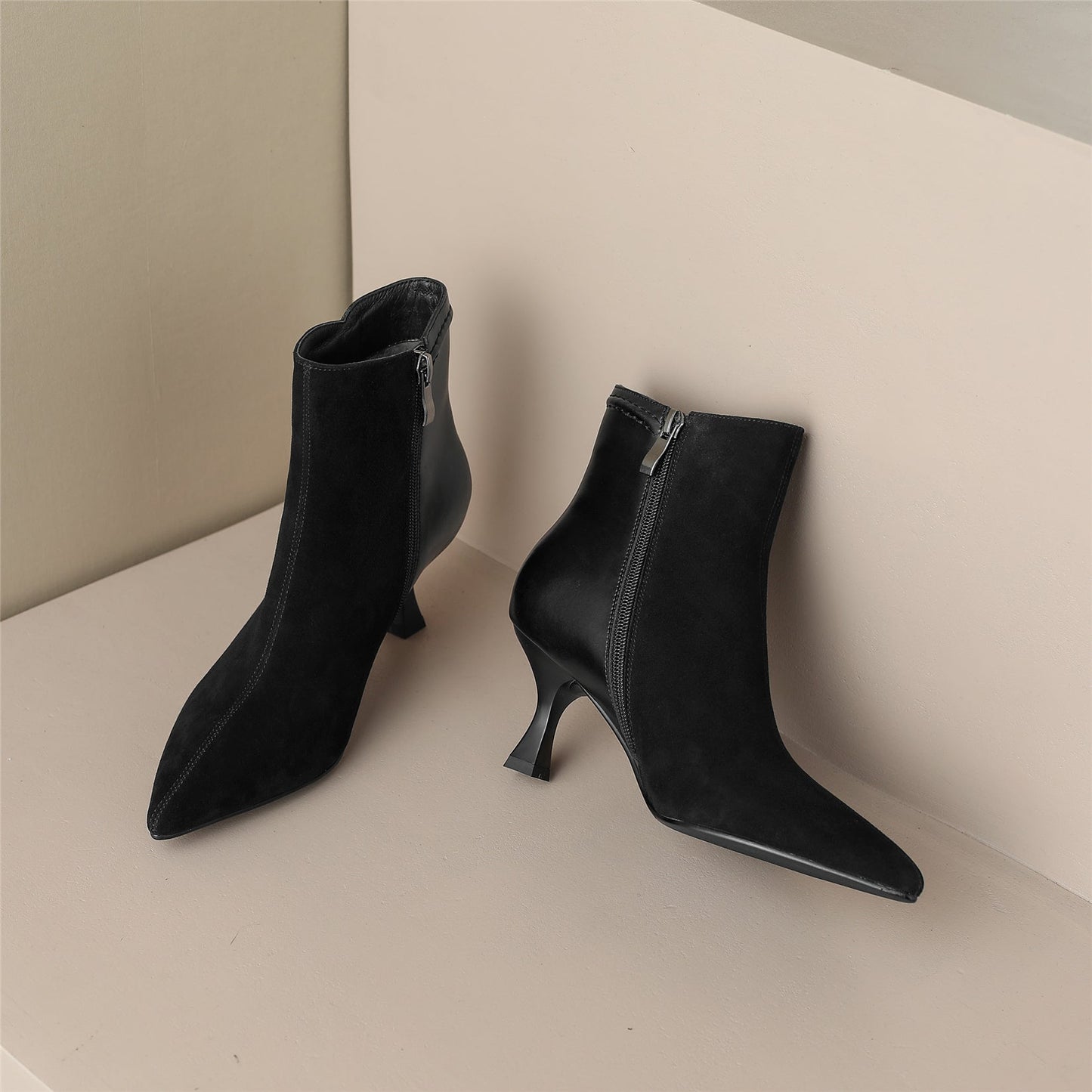 Nine Seven Handmade Women's Patchwork Leather Side Zipper Pointed Toe Sexy Kitten Heel Ankle Boots