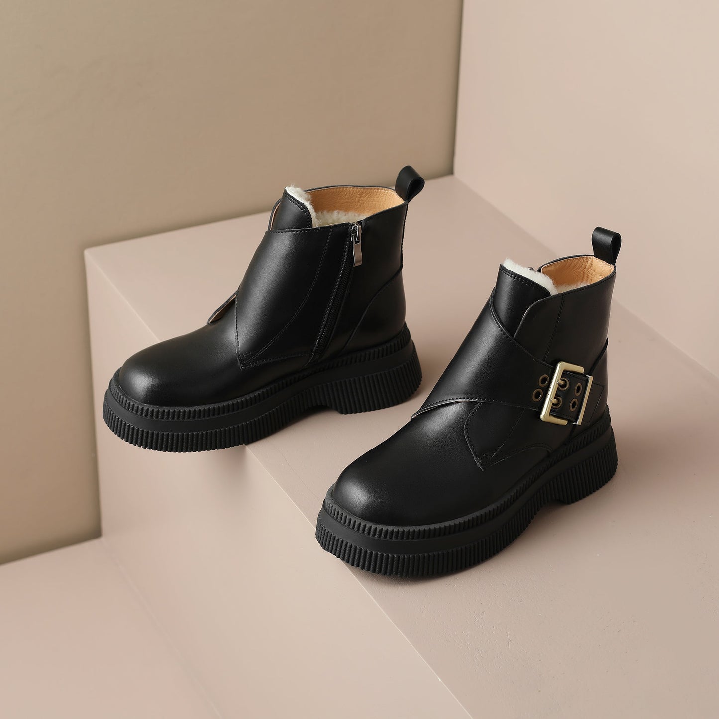 Nine Seven Handmade Women's Genuine Leather Side Zip Buckle Round Toe Low Block Heel Platform Boots