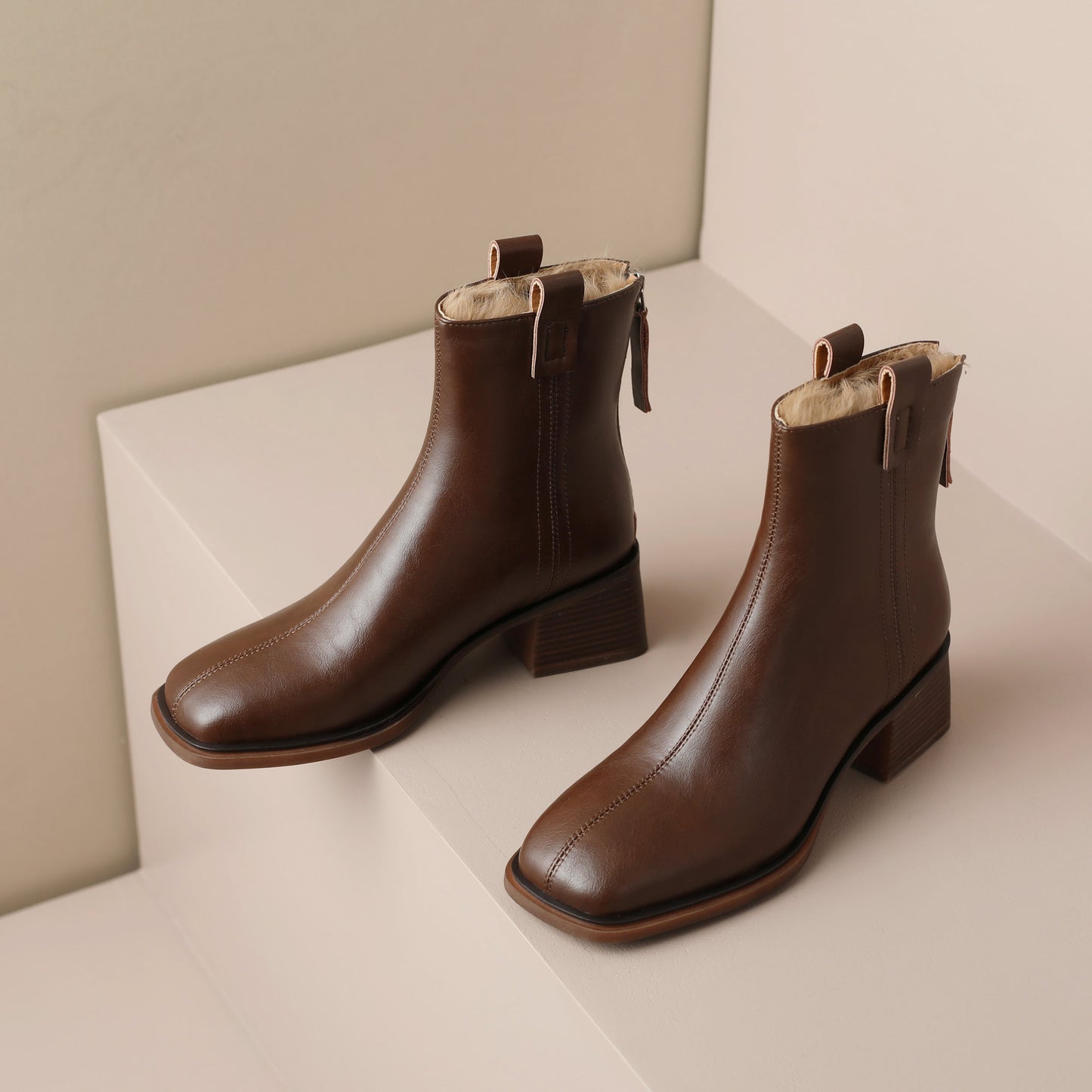 Nine Seven Handmade Women's Genuine Leather Square Back Zip Mid Block Heel Charming Ankle Boots