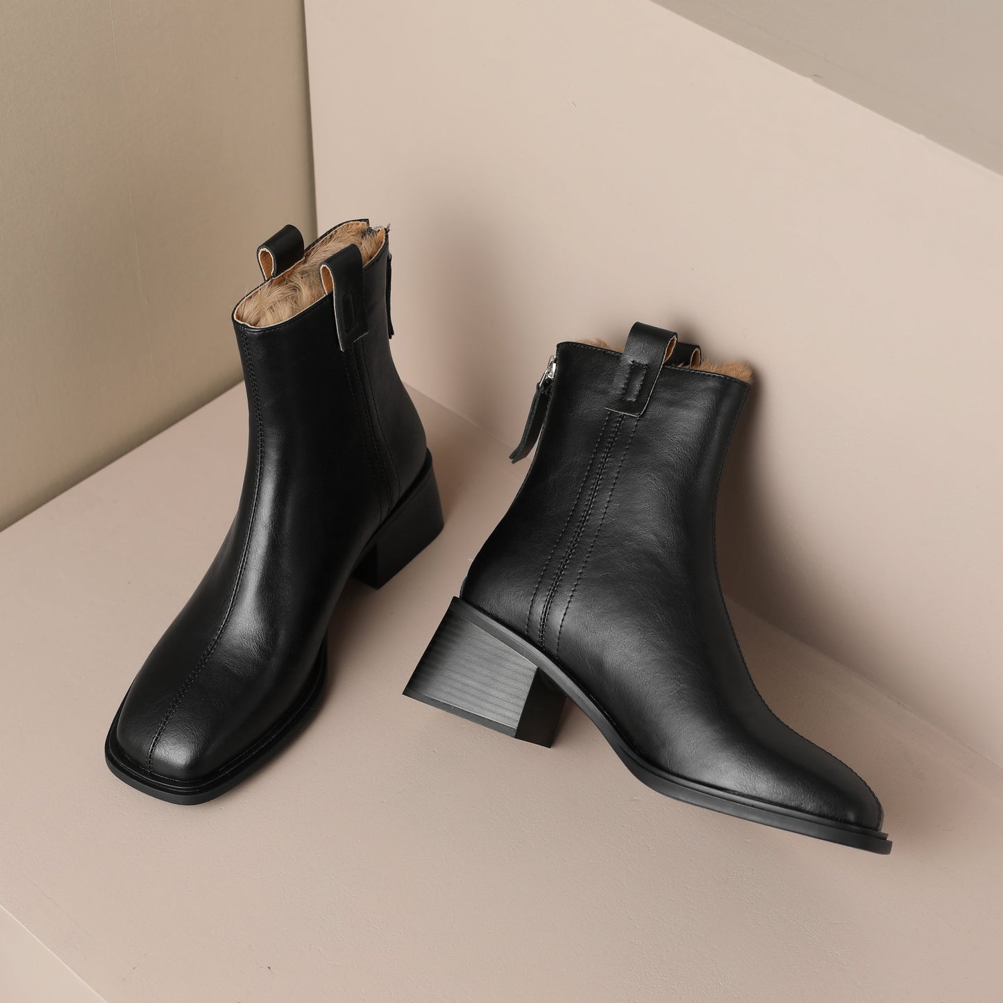 Nine Seven Handmade Women's Genuine Leather Square Back Zip Mid Block Heel Charming Ankle Boots