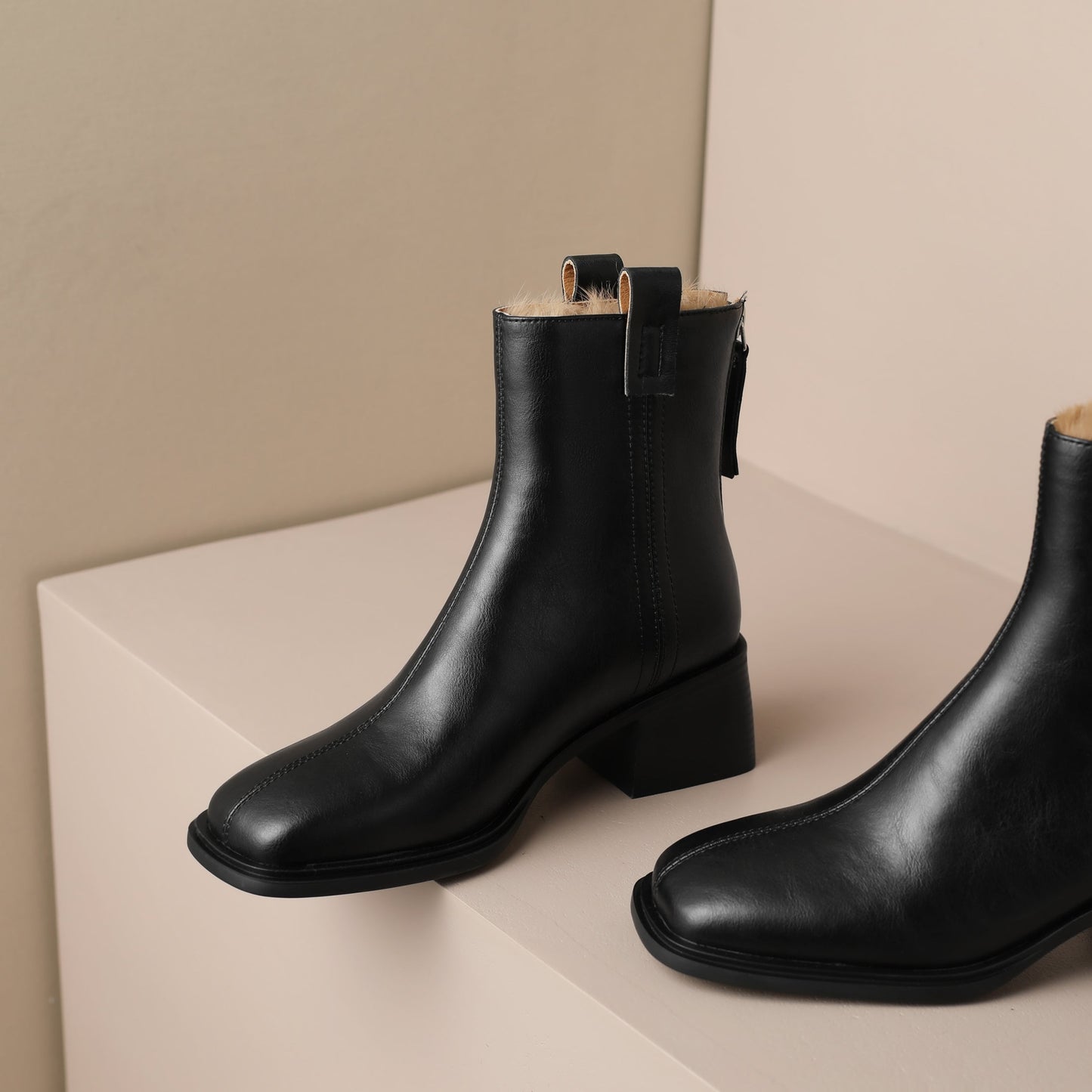 Nine Seven Handmade Women's Genuine Leather Square Back Zip Mid Block Heel Charming Ankle Boots