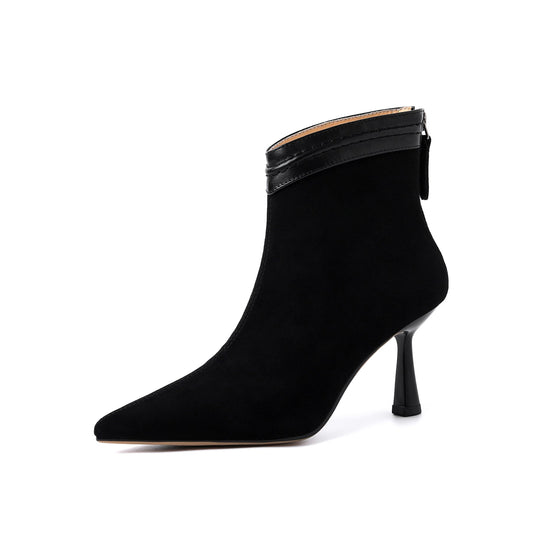 Nine Seven Handmade Women's Suede Leather Slip On Pointed Toe High Kittened Heel Back Zipper Ankle Boots