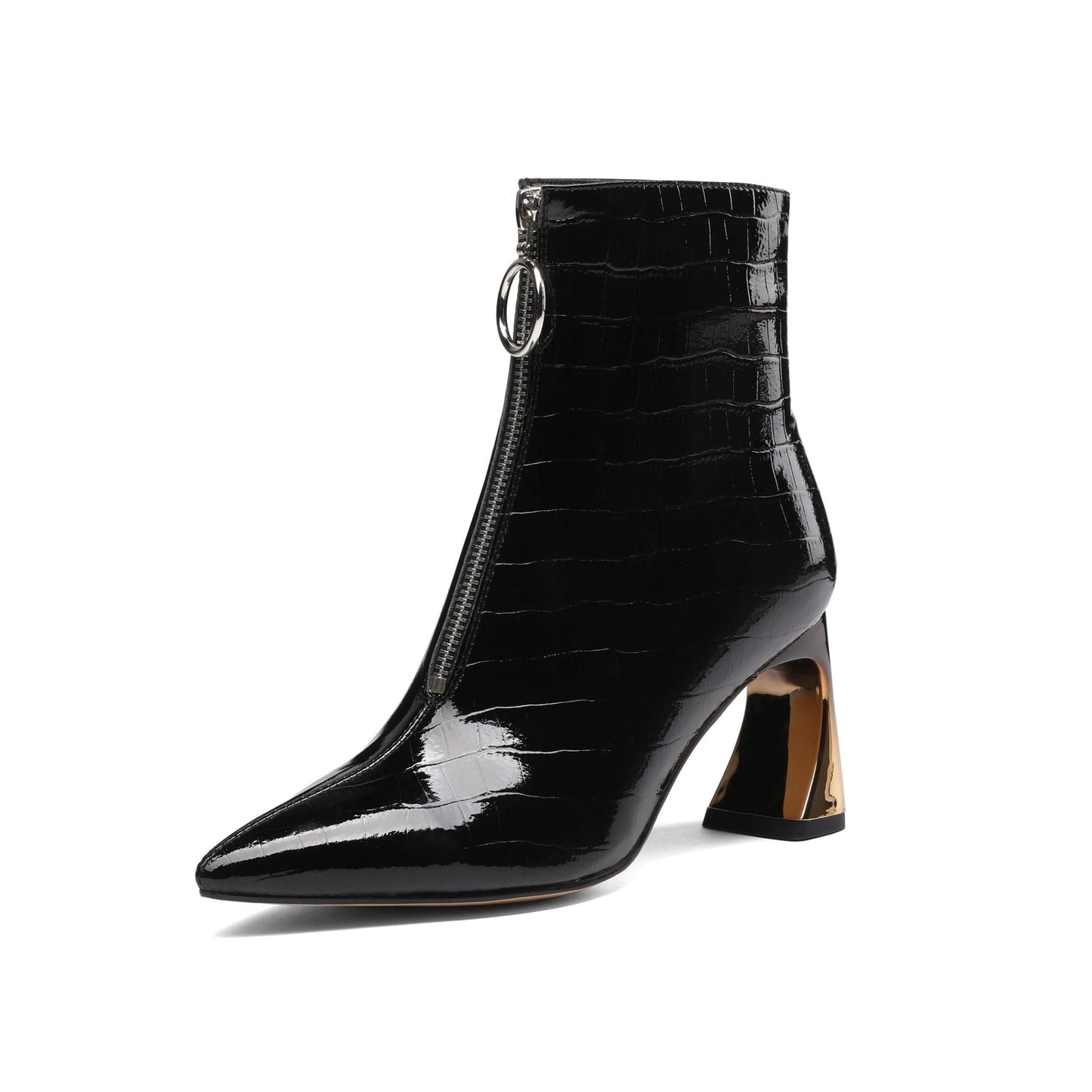 Nine Seven Women's Genuine Leather Pointed Toe Handmade Front Zip Strange Mid Heel Stylish Bootie