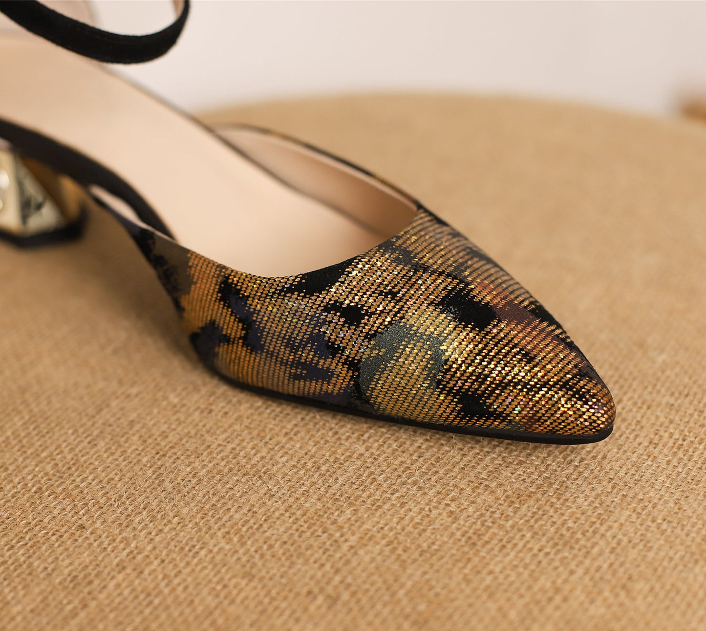 Nine Seven Women's Pointed Toe Printing Suede Leather Handmade Ankle Strap with Buckle Low Chunky Heel Pump Shoes