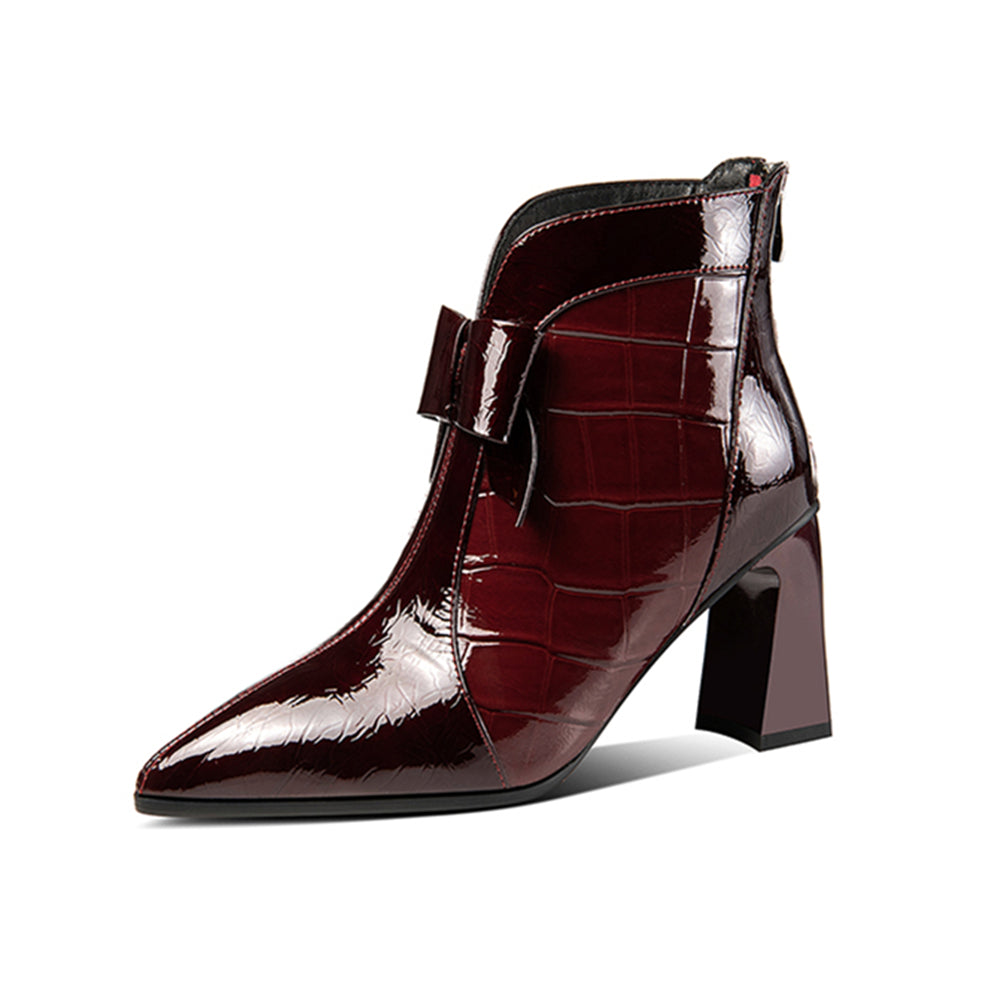 Nine Seven Patent Leather Women's Handmade Pointed Toe High Heel Glossy Bowknot Ankle Booties with Back Zip