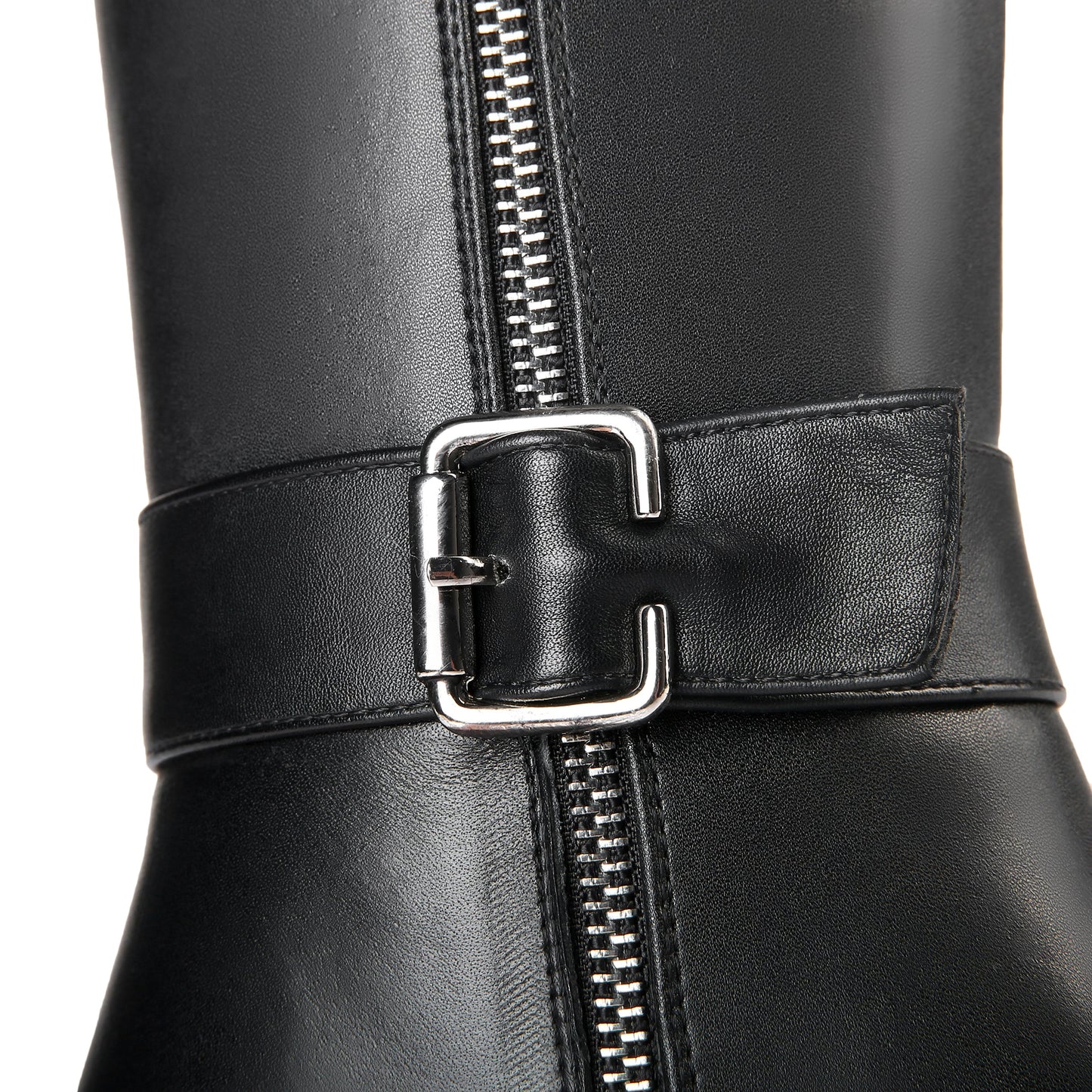 Nine Seven Women's Genuine Leather Round Toe Handmade Buckled Dual Zippers High Chunky Heels Stylish Knee High Boots