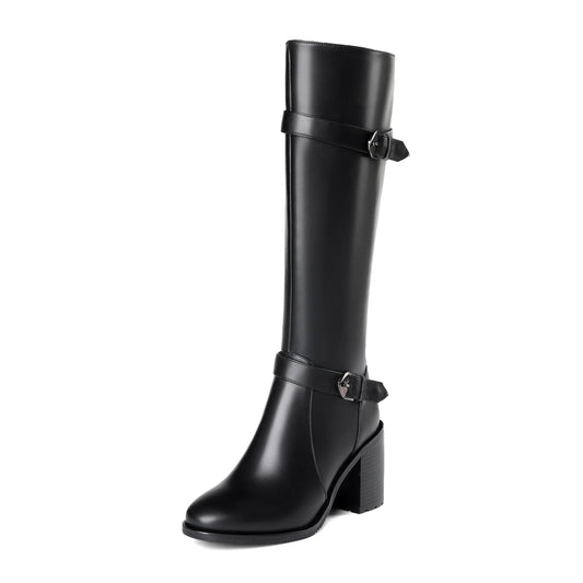 Nine Seven Genuine Leather Round Toe Chunky High Heel Comfortable Knee High Boots