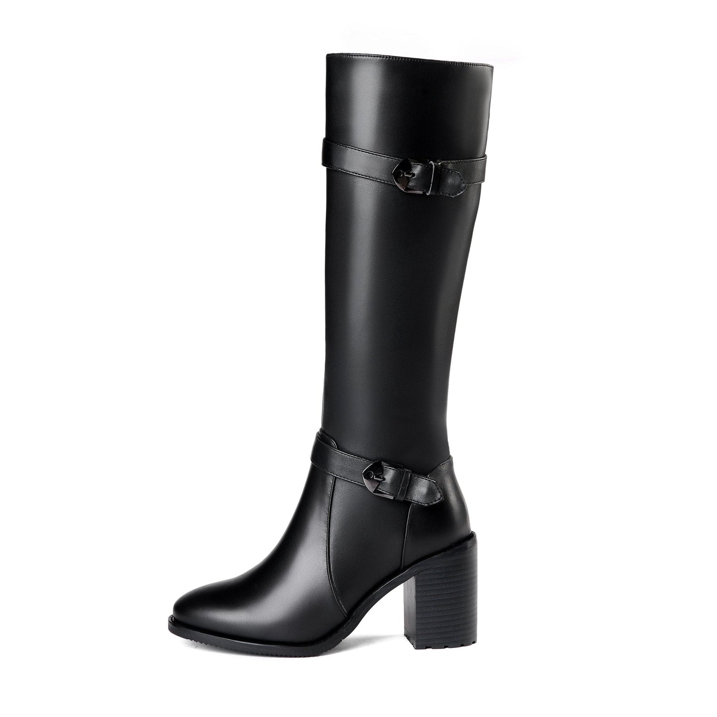 Nine Seven Genuine Leather Round Toe Chunky High Heel Comfortable Knee High Boots