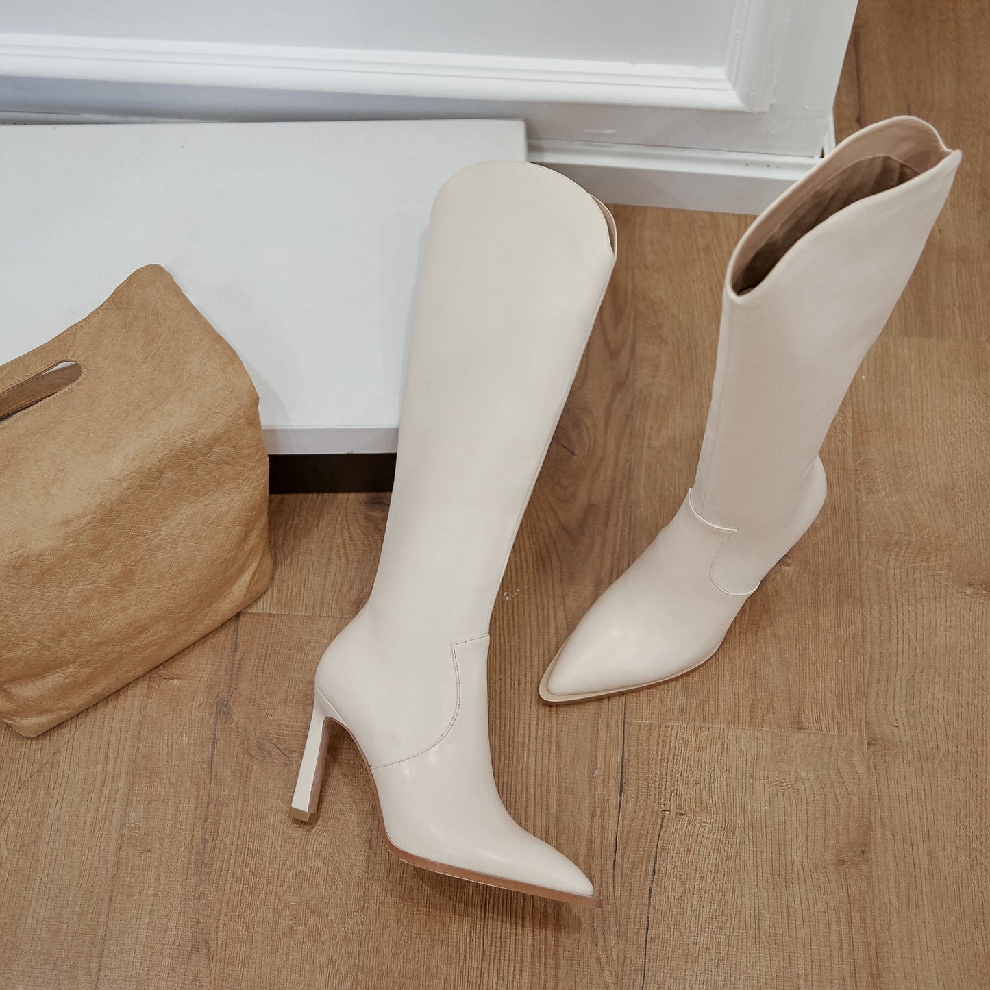 Nine Seven Women's Genuine Leather Pointed Toe Handmade Stiletto Heels Half Side Zipper Stylish Knee High Boots