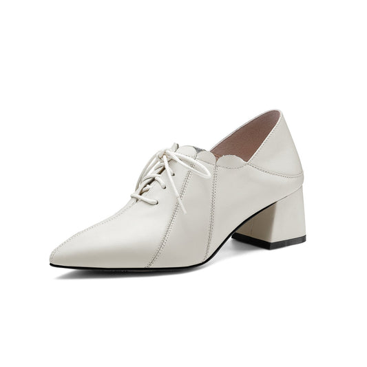 Nine Seven Women's Genuine Leather Handmade Comfortable Mid Block Heel Pointed Toe Graceful Lace Up Pump Shoes