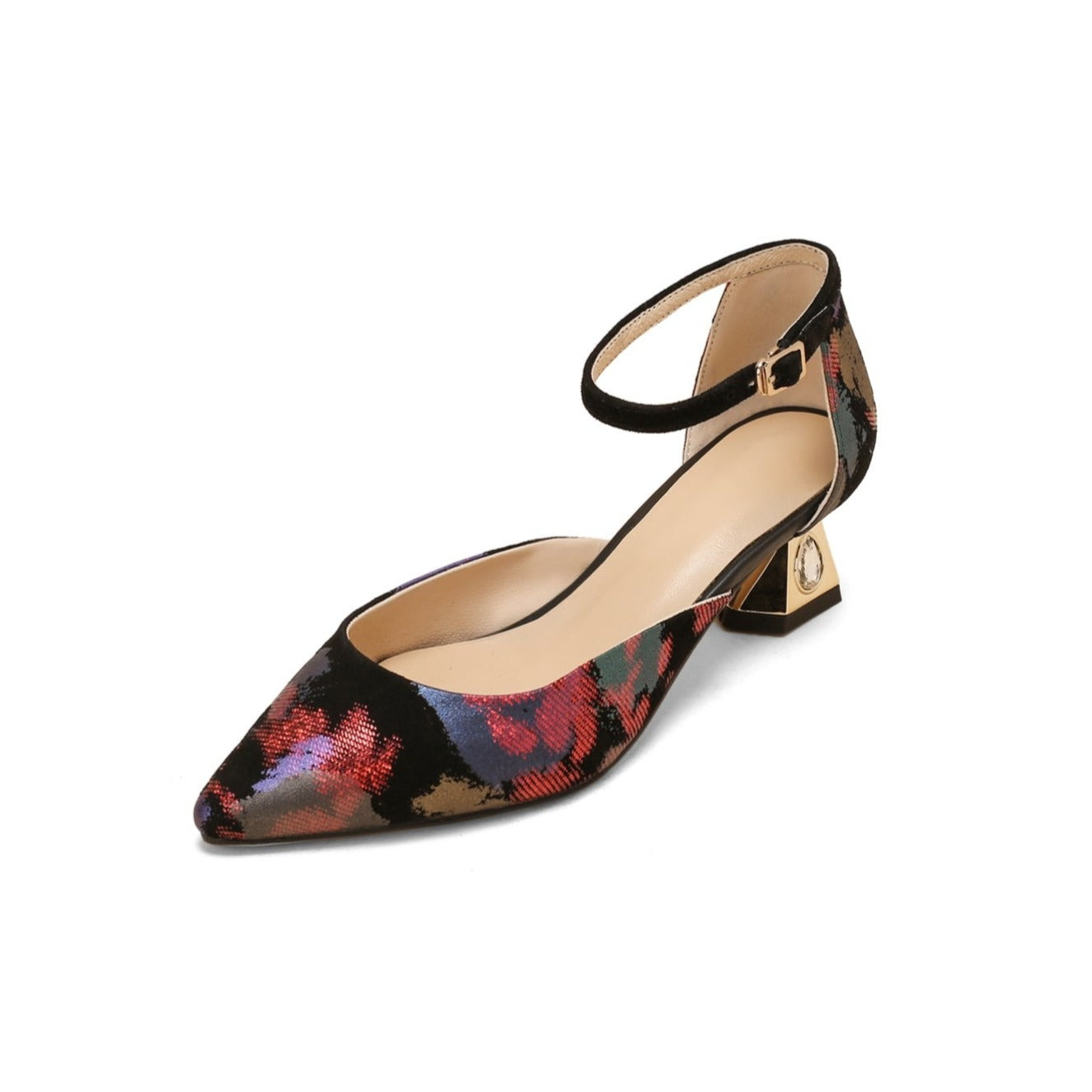 Nine Seven Women's Pointed Toe Printing Suede Leather Handmade Ankle Strap with Buckle Low Chunky Heel Pump Shoes