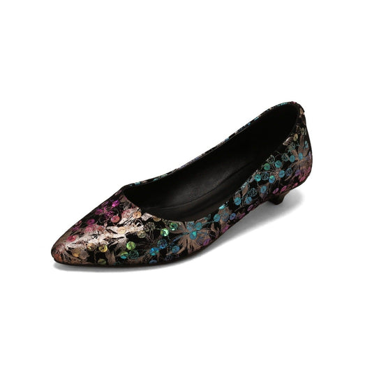 Nine Seven Women's Pointed Toe Genuine Leather Handmade Low Heel Slip On Unique Pump Shoes