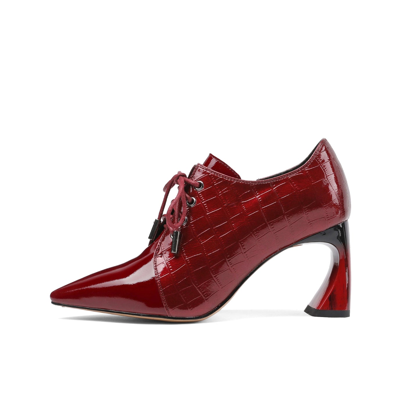 Nine Seven Patent Leather Women's Handmade Pointed Lace Up Toe High Spool Heel Side Zip Retro Pumps