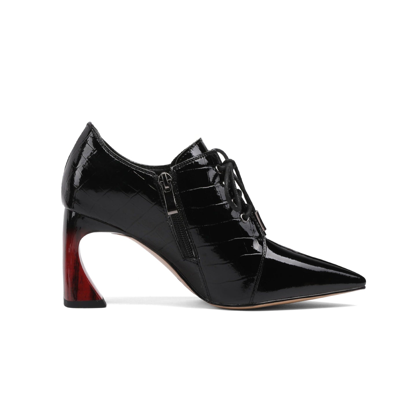 Nine Seven Patent Leather Women's Handmade Pointed Lace Up Toe High Spool Heel Side Zip Retro Pumps