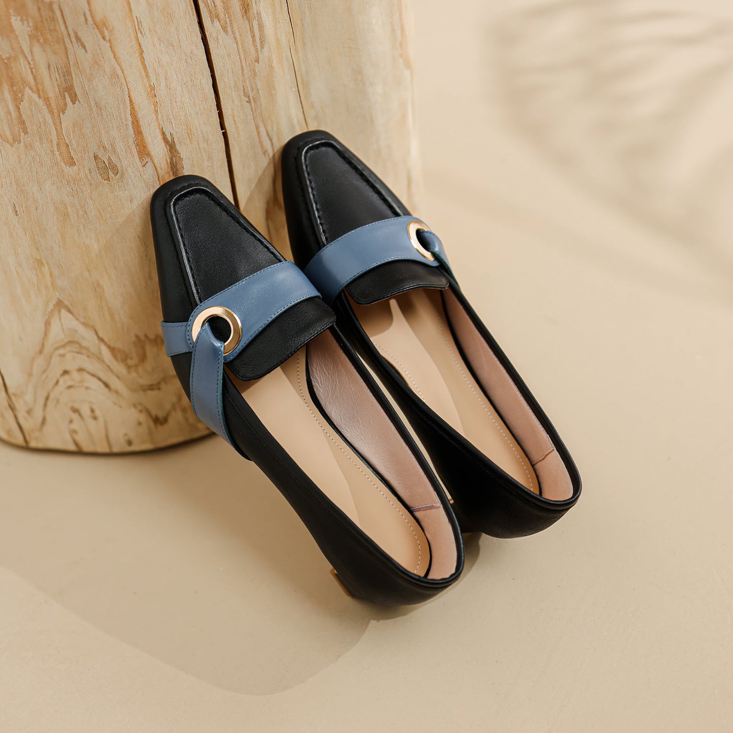 Nine Seven Women's Square Toe Genuine Leather Handmade Low Heels Slip On Casual Pumps Shoes