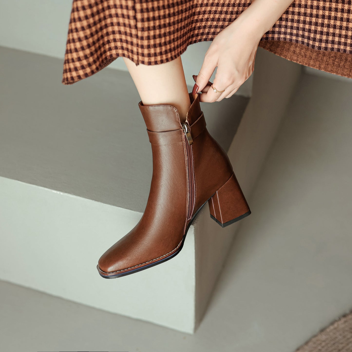 Nine Seven Women's Genuine Leather Handmade Buckle Belt Side Zip Up Square Toe Mid Block Heel Ankle Boots