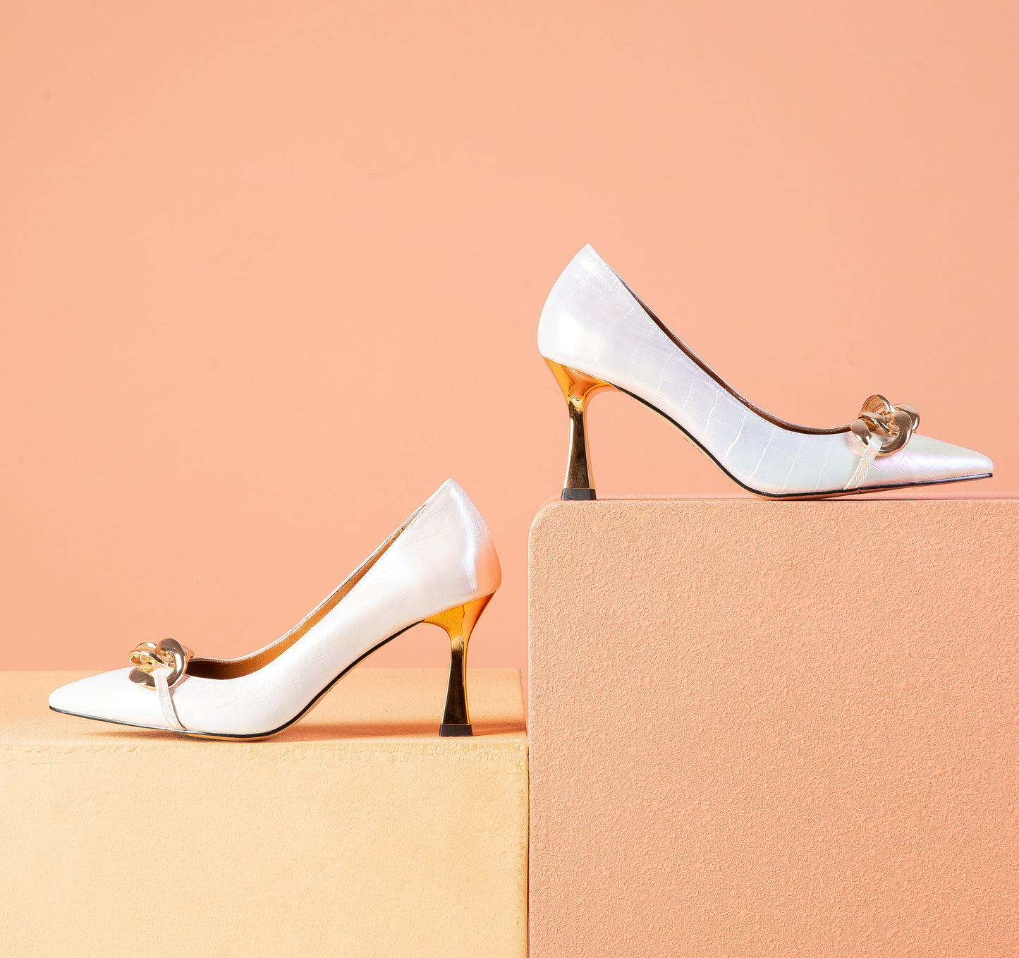 Nine Seven Women's Genuine Leather Handmade Pointed Toe Sexy Mental High Kitten Heel Slip On Loafer Pumps with Mental Pattern Decor