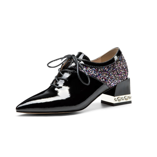 Nine Seven Women's Handmade Genuine Leather Pointed Toe Mid Chunky Heel Lace Up Comfortable Pump Shoes with Sparkling Glitter