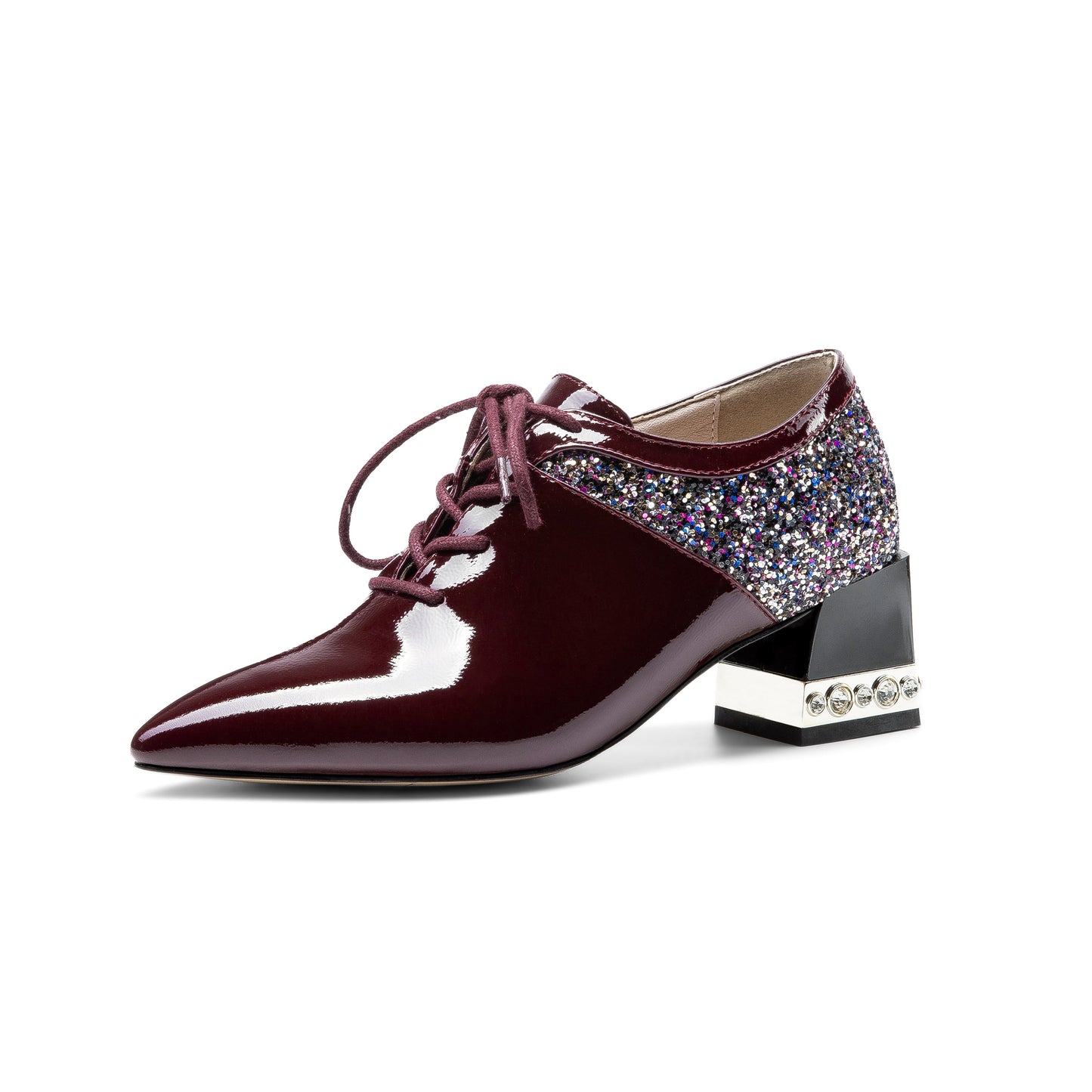 Nine Seven Women's Handmade Genuine Leather Pointed Toe Mid Chunky Heel Lace Up Comfortable Pump Shoes with Sparkling Glitter