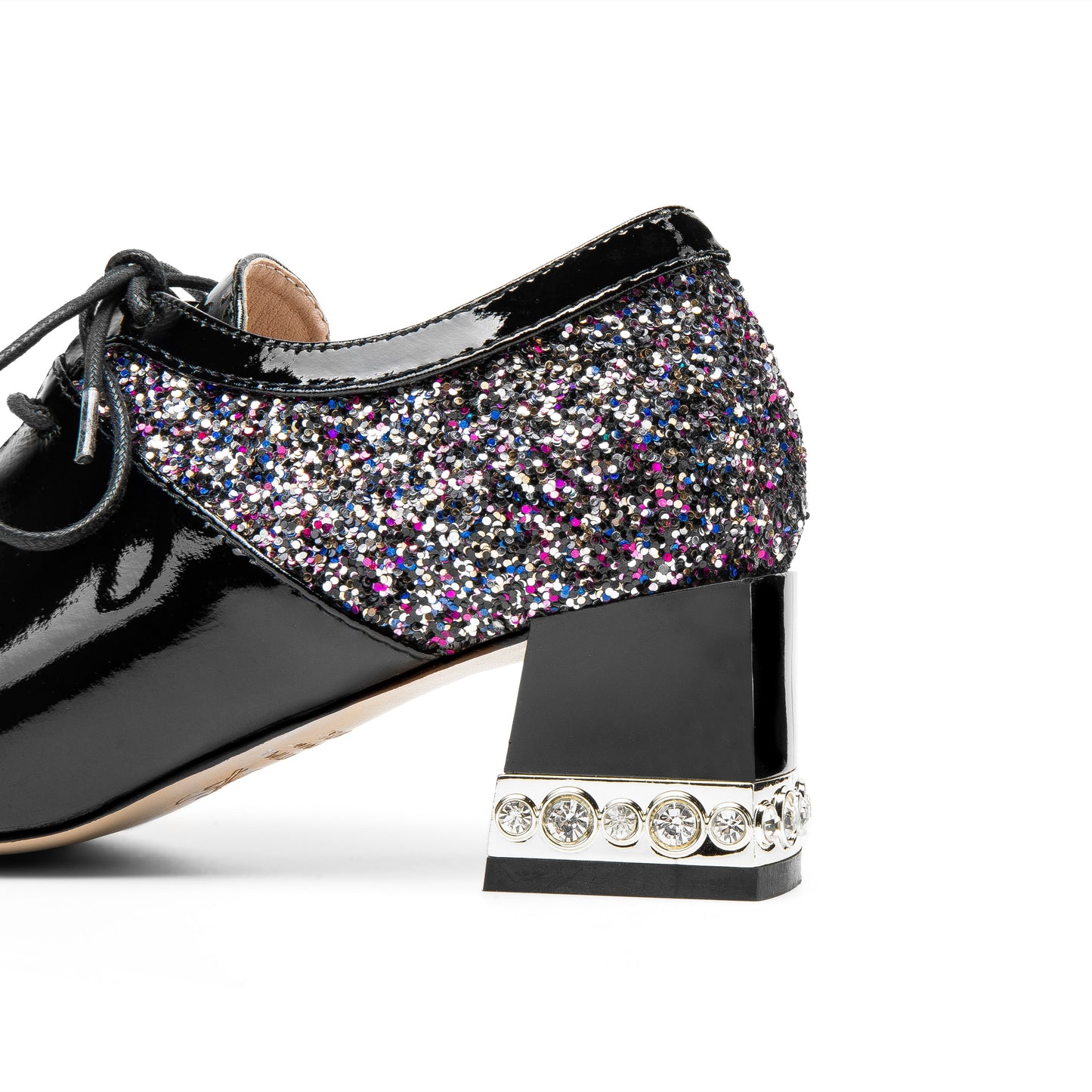 Nine Seven Women's Handmade Genuine Leather Pointed Toe Mid Chunky Heel Lace Up Comfortable Pump Shoes with Sparkling Glitter